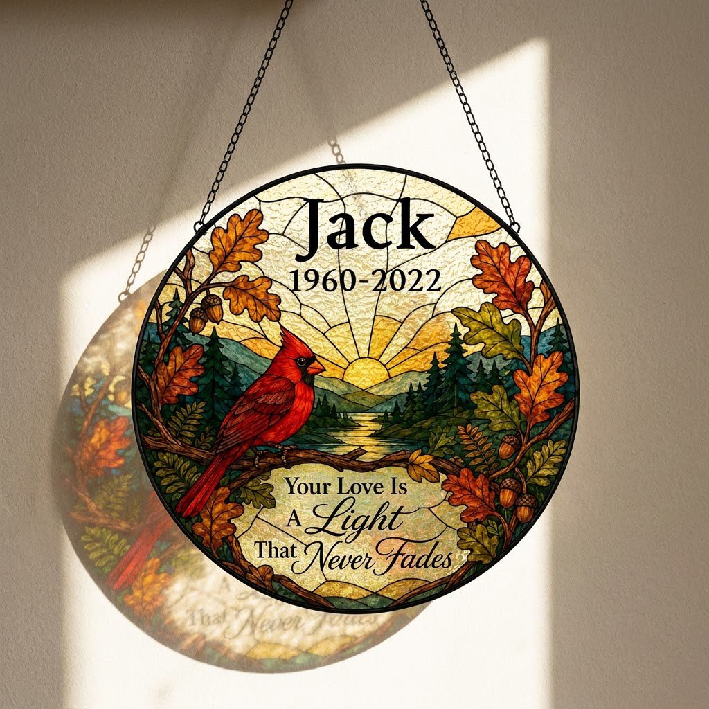 Round stained-glass style suncatcher with a red cardinal, oak leaves, mountains, a river and a radiant sun.