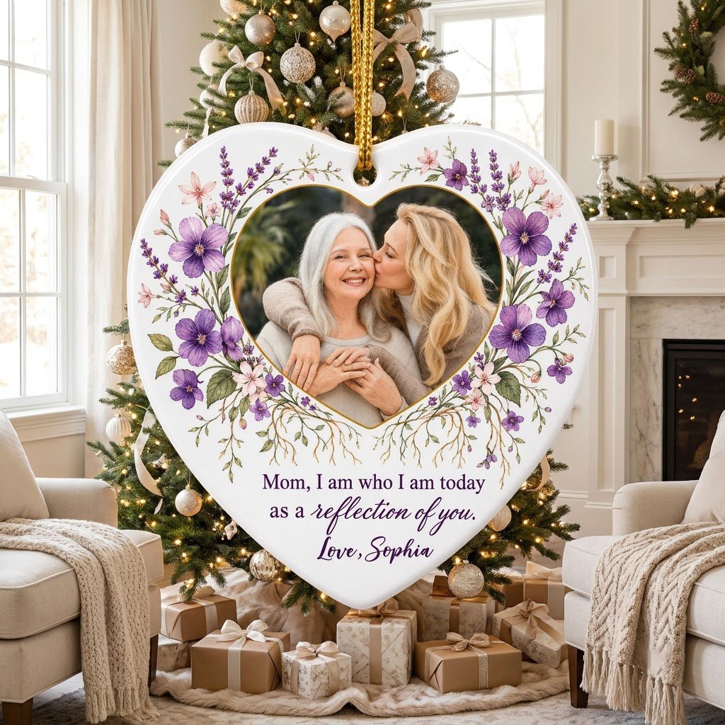 Heart ceramic ornament with a gold-edged heart photo and purple watercolor florals around the message for Mom.