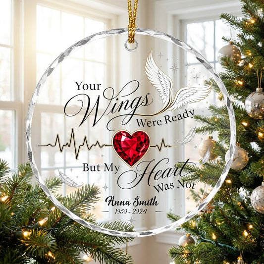 Personalized Angel Wings Memorial Your Wings Were Ready Heartbeat Round Glass Ornament