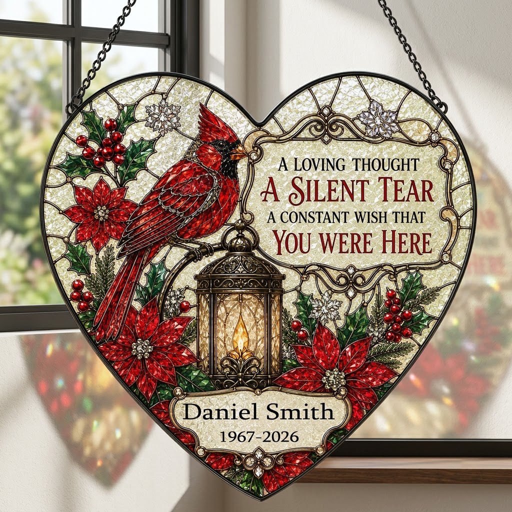 Personalized Red Cardinal Glowing Lantern A Silent Tear Memorial Heart Stained Glass Suncatcher