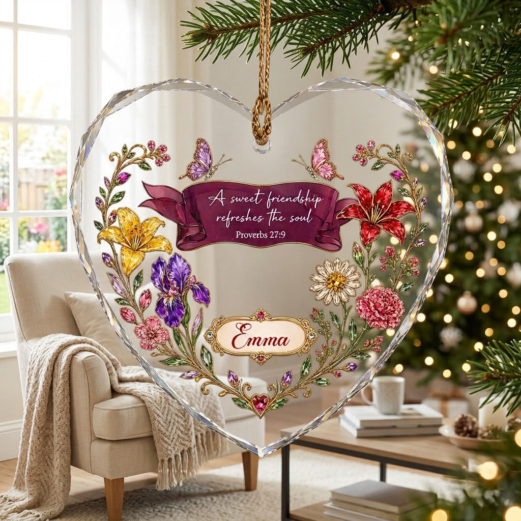 Heart stained glass suncatcher with floral wreath, burgundy banner, two jeweled butterflies, and the verse Proverbs 27:9