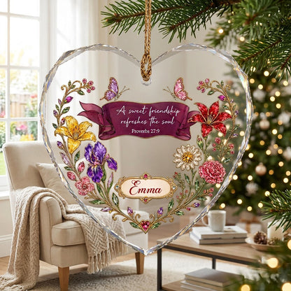 Heart stained glass suncatcher with floral wreath, burgundy banner, two jeweled butterflies, and the verse Proverbs 27:9