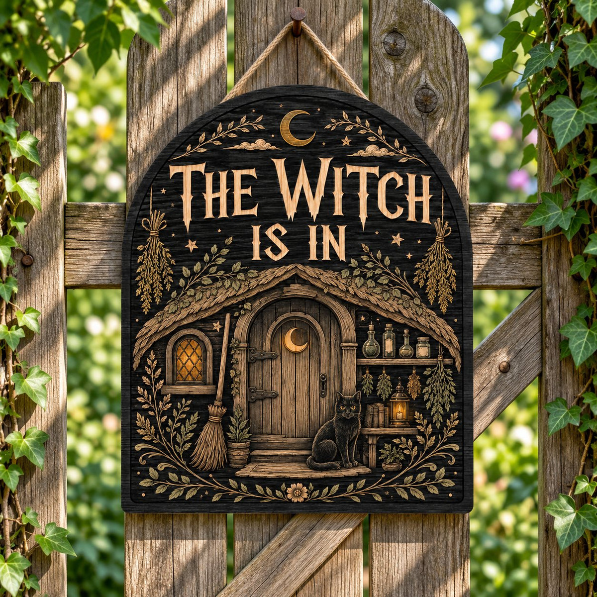 Arch wood sign with "THE WITCH IS IN", witch cottage, black cat, broom, herbs and lantern details.
