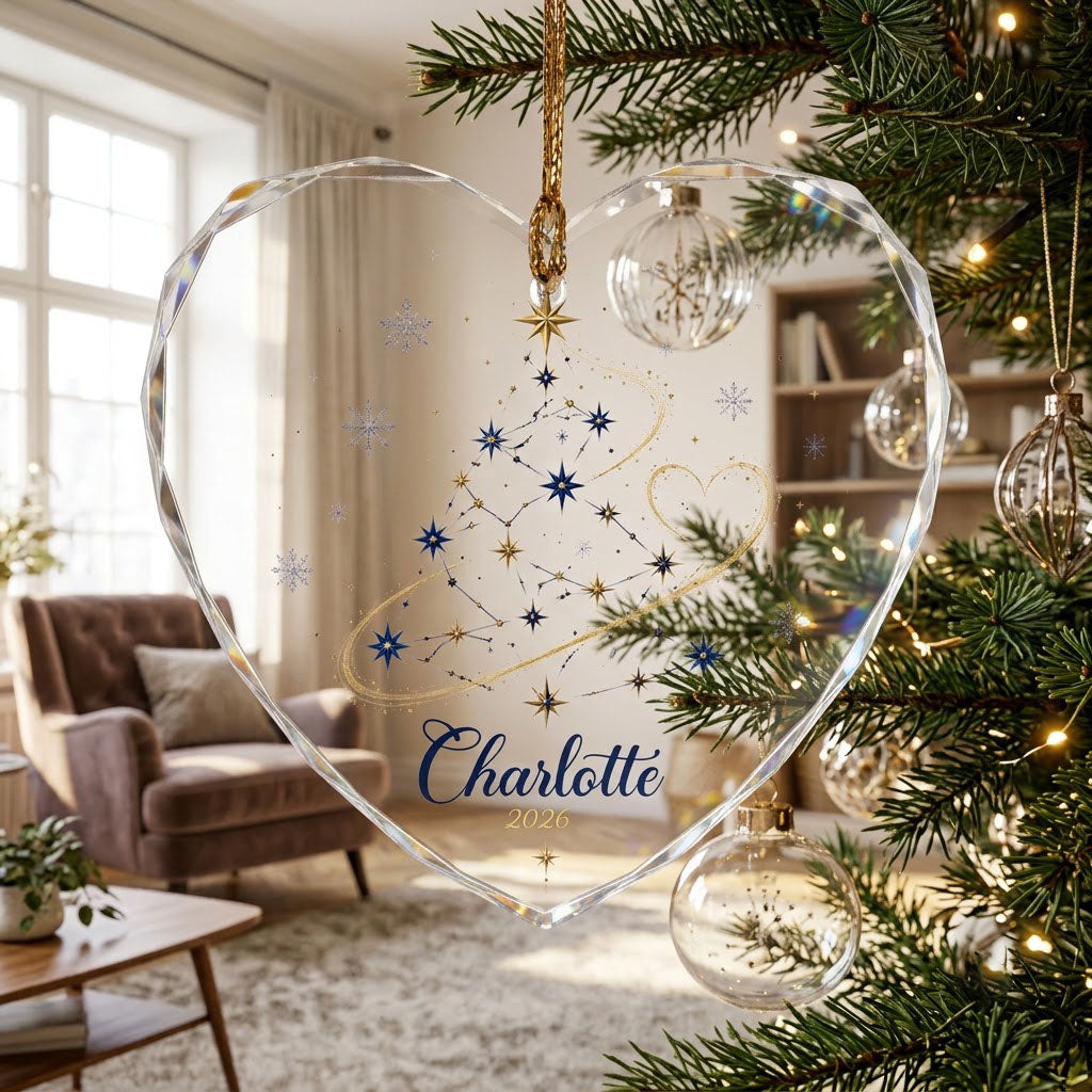 Heart-shaped stained glass suncatcher with a starry Christmas tree, gold ribbon heart, and snowflakes.