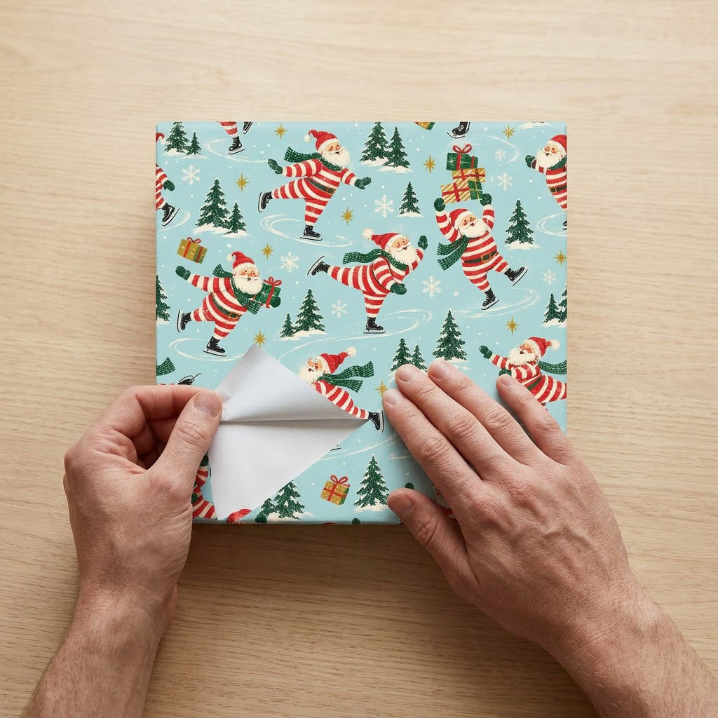 Blue wrapping paper with a pattern of ice-skating Santas, pine trees, sleds of gifts, presents and golden stars.
