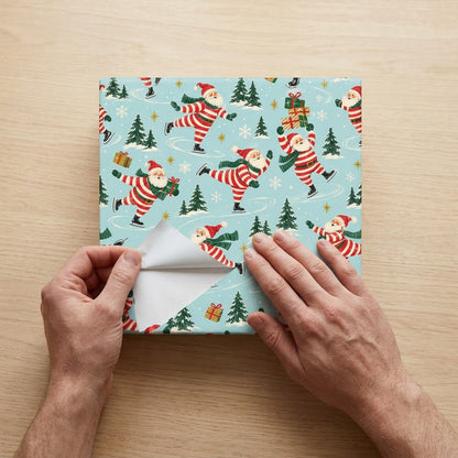 Blue wrapping paper with a pattern of ice-skating Santas, pine trees, sleds of gifts, presents and golden stars.