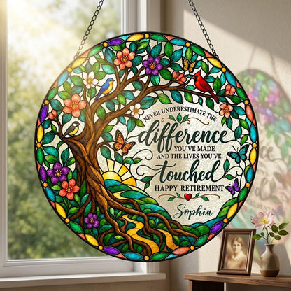 Personalized Retirement Tree of Life Songbirds Never Underestimate The Difference Happy Retirement Stained Glass Round Suncatcher