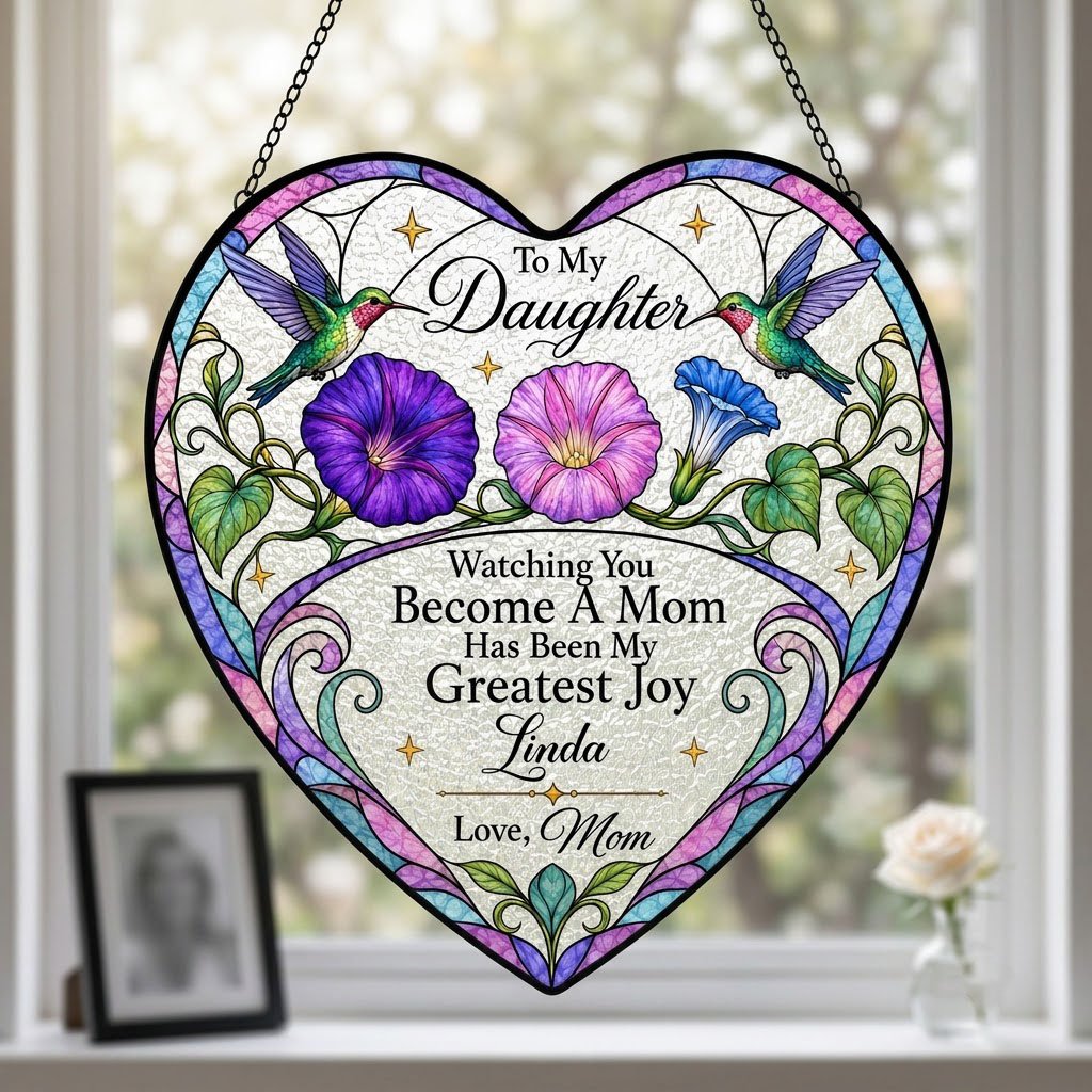 Heart-shaped stained-glass suncatcher with two hummingbirds, morning glory flowers, and 'To My Daughter' text.