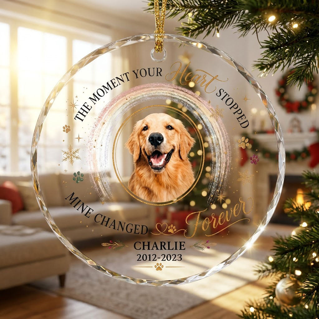 Personalized Dog Memorial Photo The Moment Your Heart Stopped Round Glass Ornament
