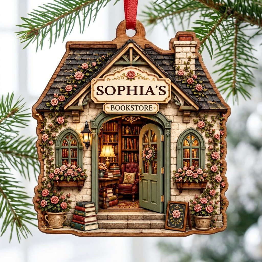 House-shaped wood ornament of a cozy bookstore with green door, rose vines, books, and a BOOKSTORE sign.