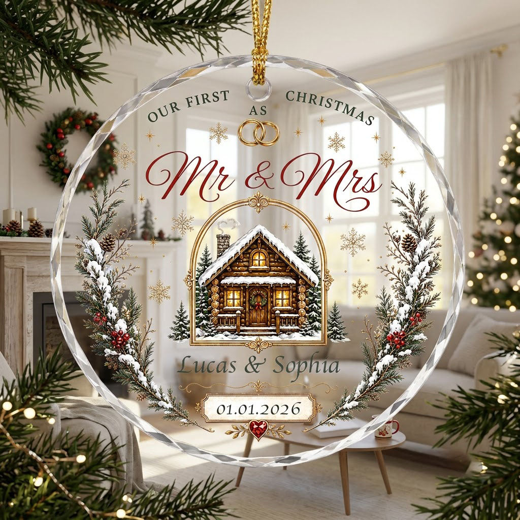 Personalized Our First Christmas as Mr & Mrs Winter Cabin Round Glass Ornament