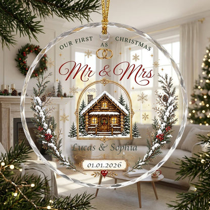 Personalized Our First Christmas as Mr & Mrs Winter Cabin Round Glass Ornament