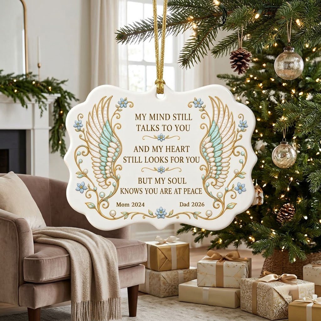 Medallion ceramic ornament with gold-outlined angel wings, blue forget-me-nots, and a memorial quote with name and year.