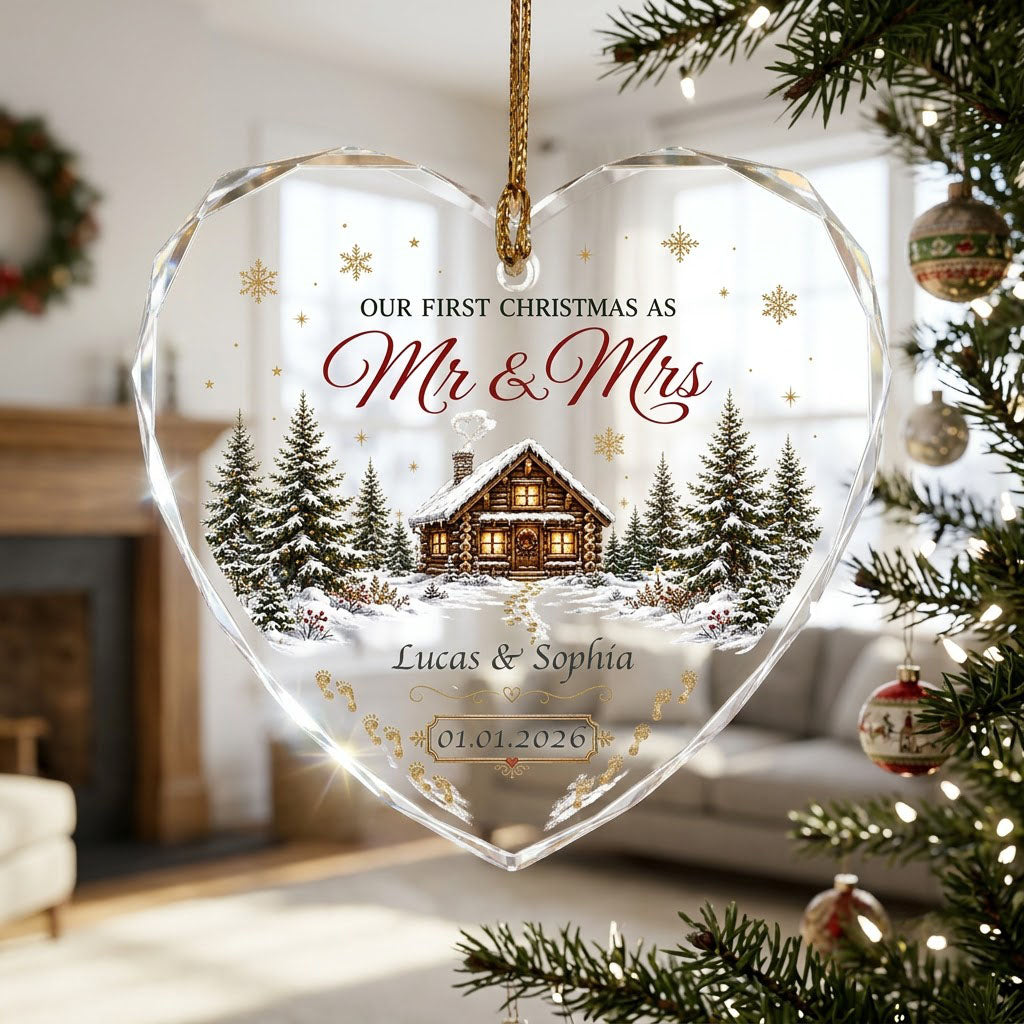 Personalized Our First Christmas as Mr & Mrs Winter Cabin Footprints Heart Glass Ornament