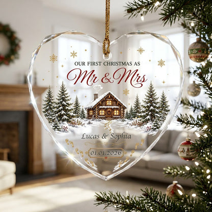 Personalized Our First Christmas as Mr & Mrs Winter Cabin Footprints Heart Glass Ornament