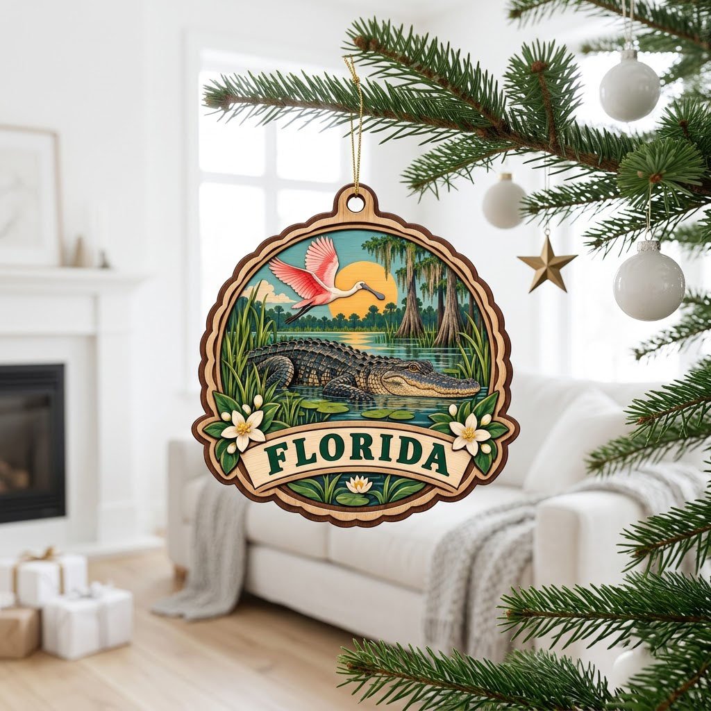 Scalloped wood ornament with alligator, pink spoonbill, sun, cypress trees, and 'FLORIDA' on a bottom banner.