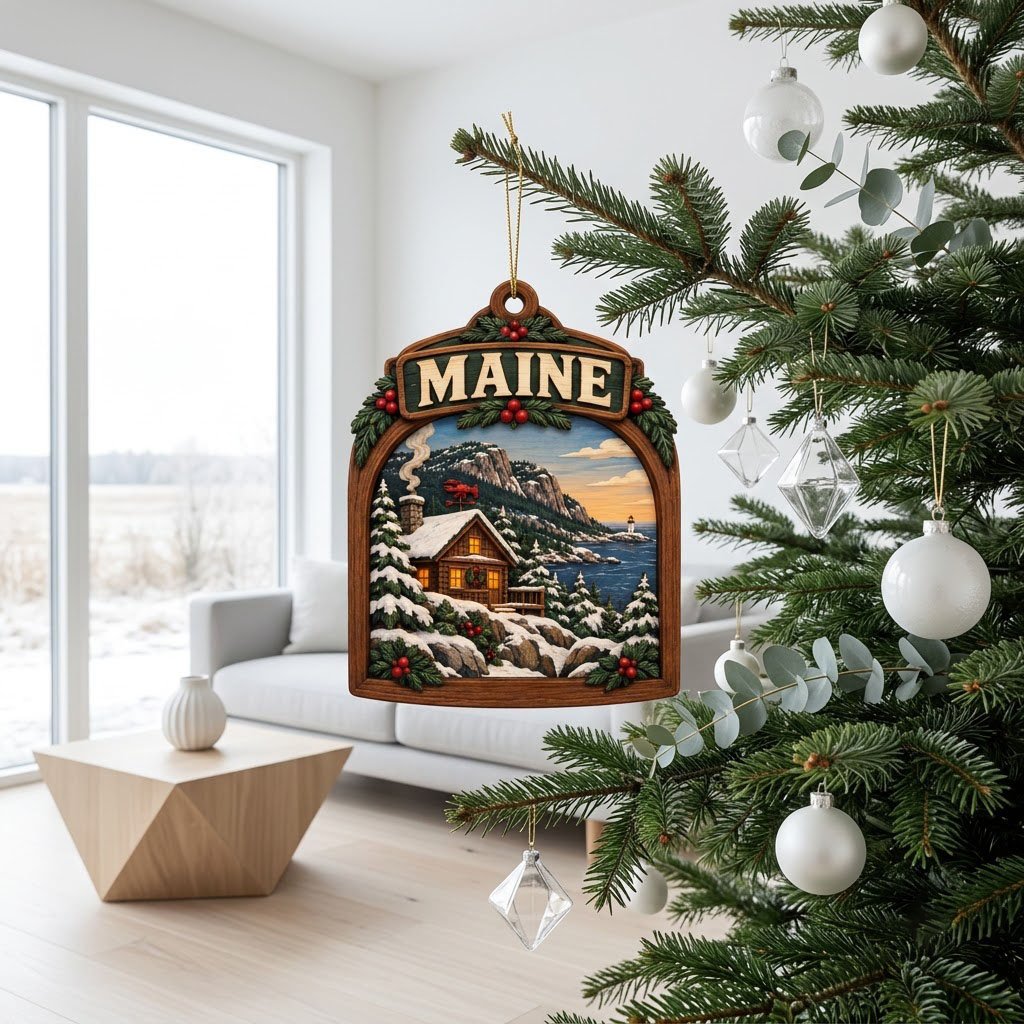 Arch-shaped wood ornament with "MAINE", snowy log cabin, pine trees, ocean lighthouse, and holly accents.