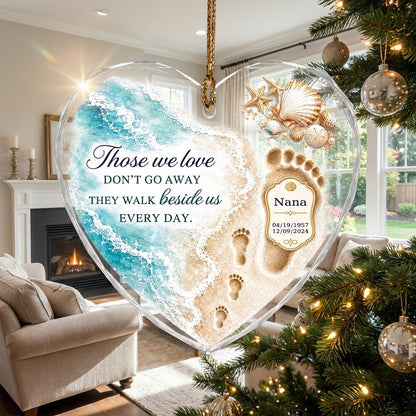 Personalized Beach Footprints Memorial Those We Love Beside Us Heart Glass Ornament