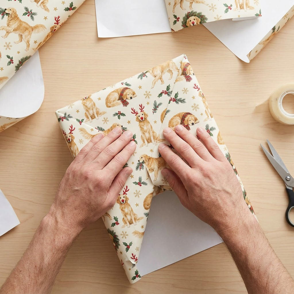 Cream wrapping paper with Golden Retriever dogs in antlers and scarves, wreaths, holly, snowflakes and stars.