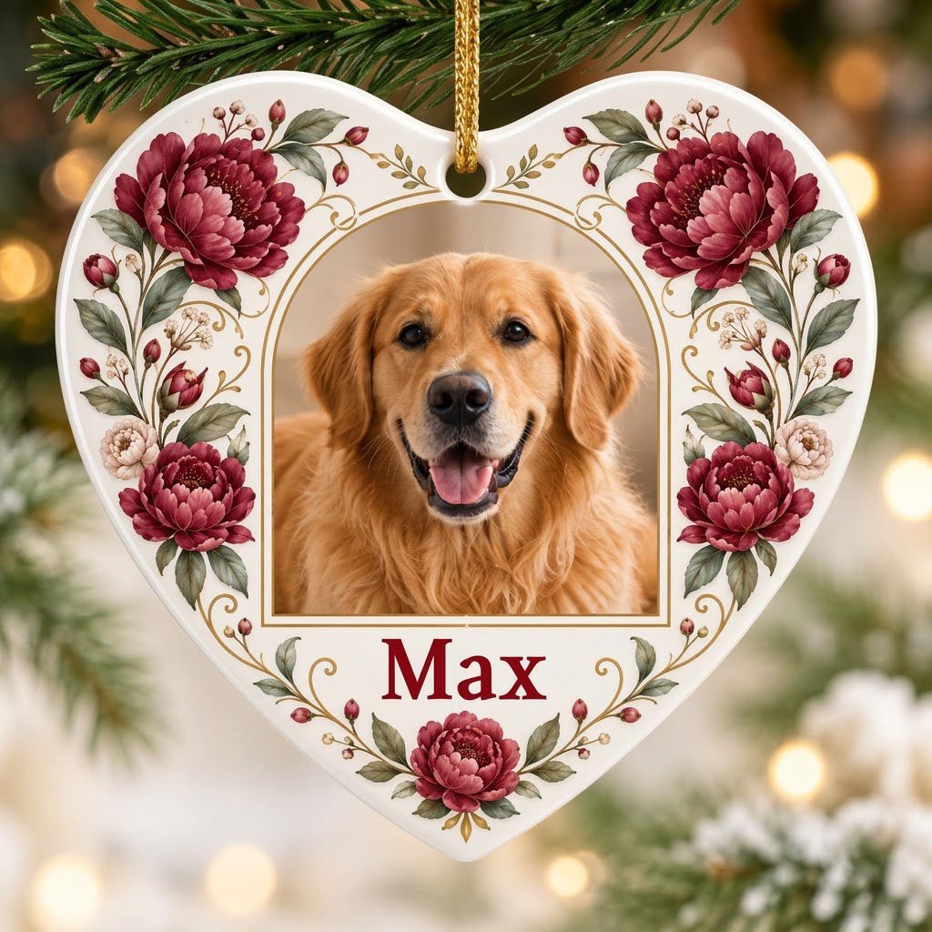 Heart ceramic ornament with red peonies, green leaves, gold flourishes, and a gold arched frame holding a dog photo.