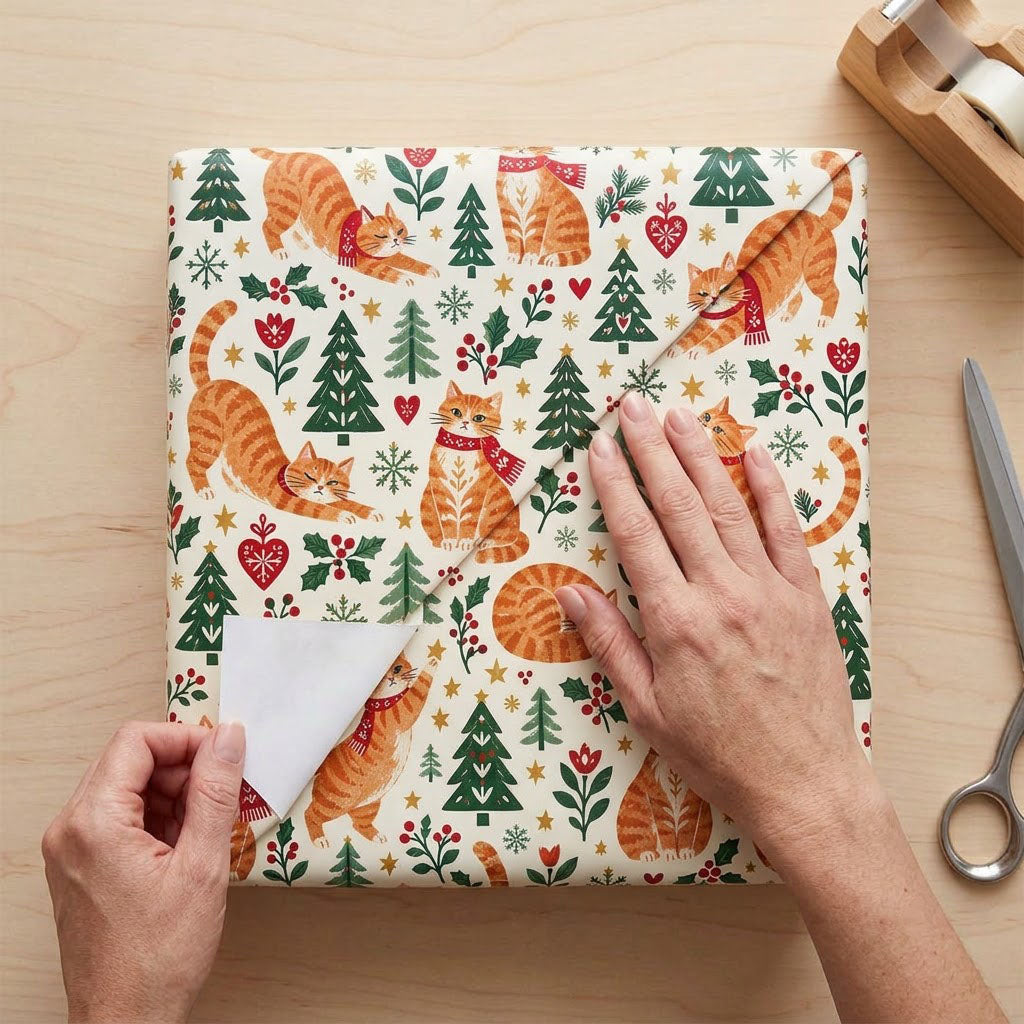 Cream wrapping paper with ginger tabby cats in red scarves, pine trees, hearts, berries, stars, and snowflakes.