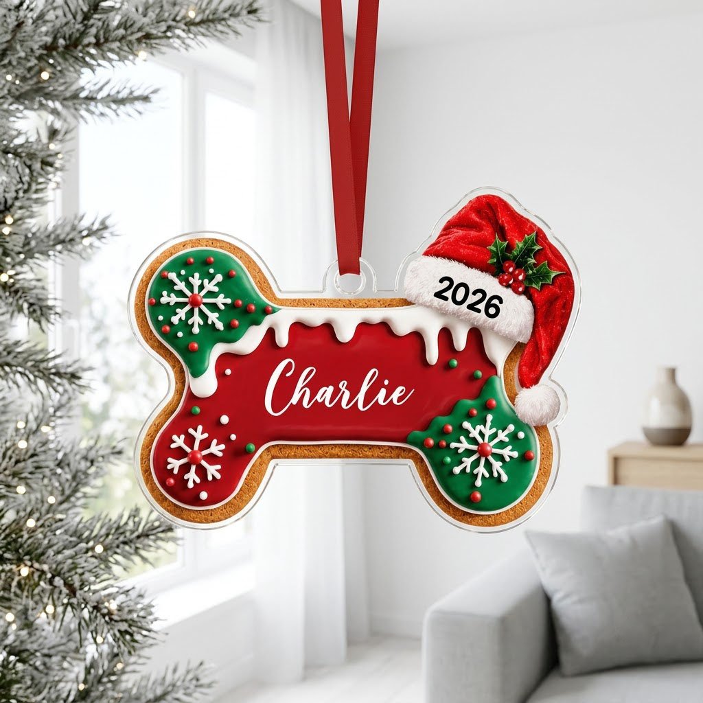 Acrylic ornament shaped like a gingerbread dog bone with Santa hat, white icing, snowflakes, and red-green sprinkles.