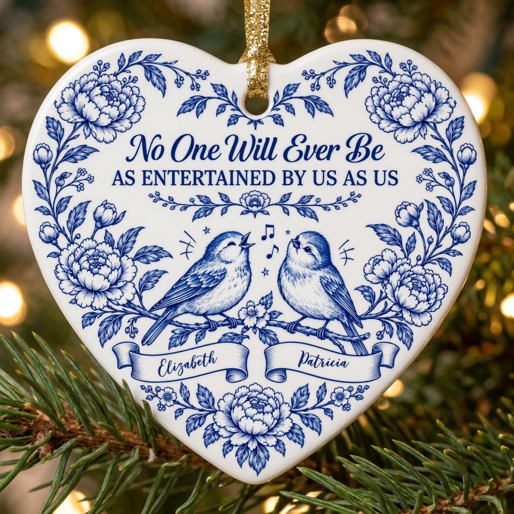 Heart ceramic ornament with Delft blue peonies, two birds on a branch, and a friendship quote in cobalt blue.