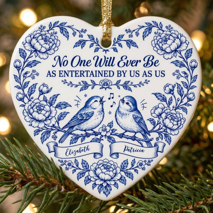 Heart ceramic ornament with Delft blue peonies, two birds on a branch, and a friendship quote in cobalt blue.