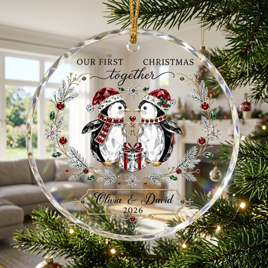 Penguin couple in Santa hats hold gold rings beneath a heart, framed by a pine and gem wreath with a gift box.