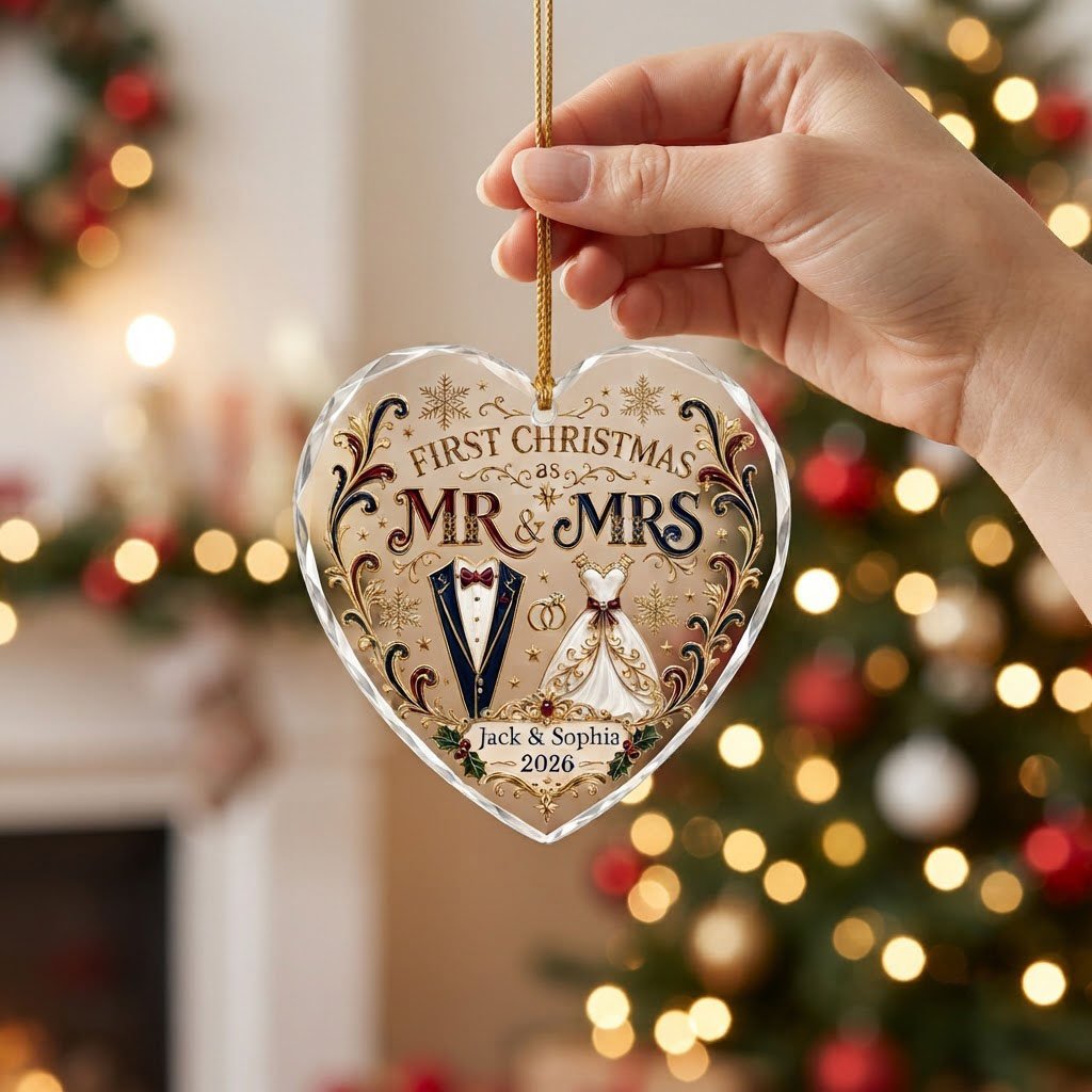 Personalized First Christmas as Mr & Mrs Tuxedo Gown Heart Glass Ornament