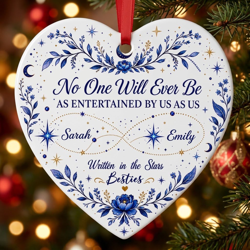 White heart ceramic ornament with blue florals, moons, stars, and “Written in the Stars Besties” with two names.