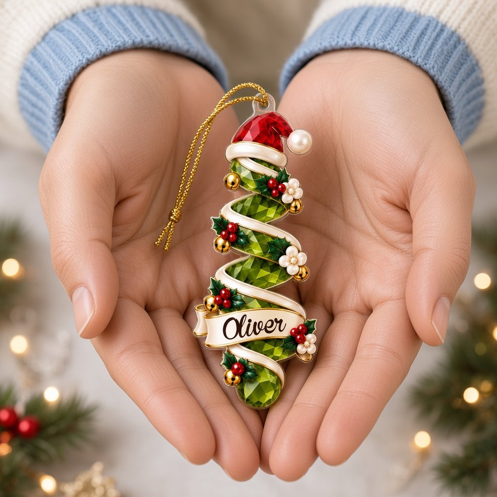 Acrylic ornament shaped around two green gem-style Christmas trees with holly, berries and names Oliver and Emma.