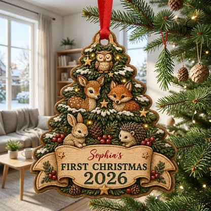 Personalized Woodland Animals Tree Baby's First Christmas Wood Ornament