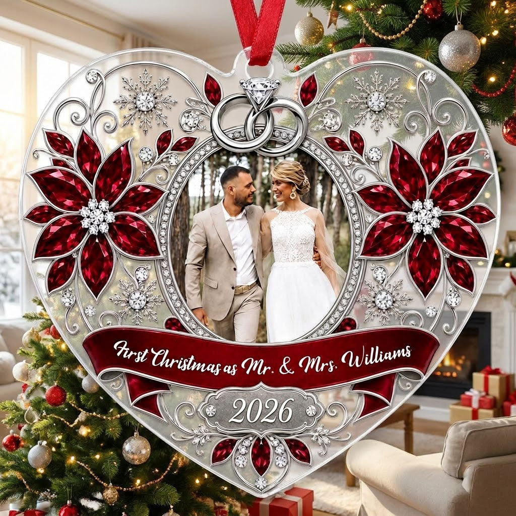 Heart acrylic ornament with couple photo, silver rings, poinsettias, and First Christmas as Mr. & Mrs. 2026.