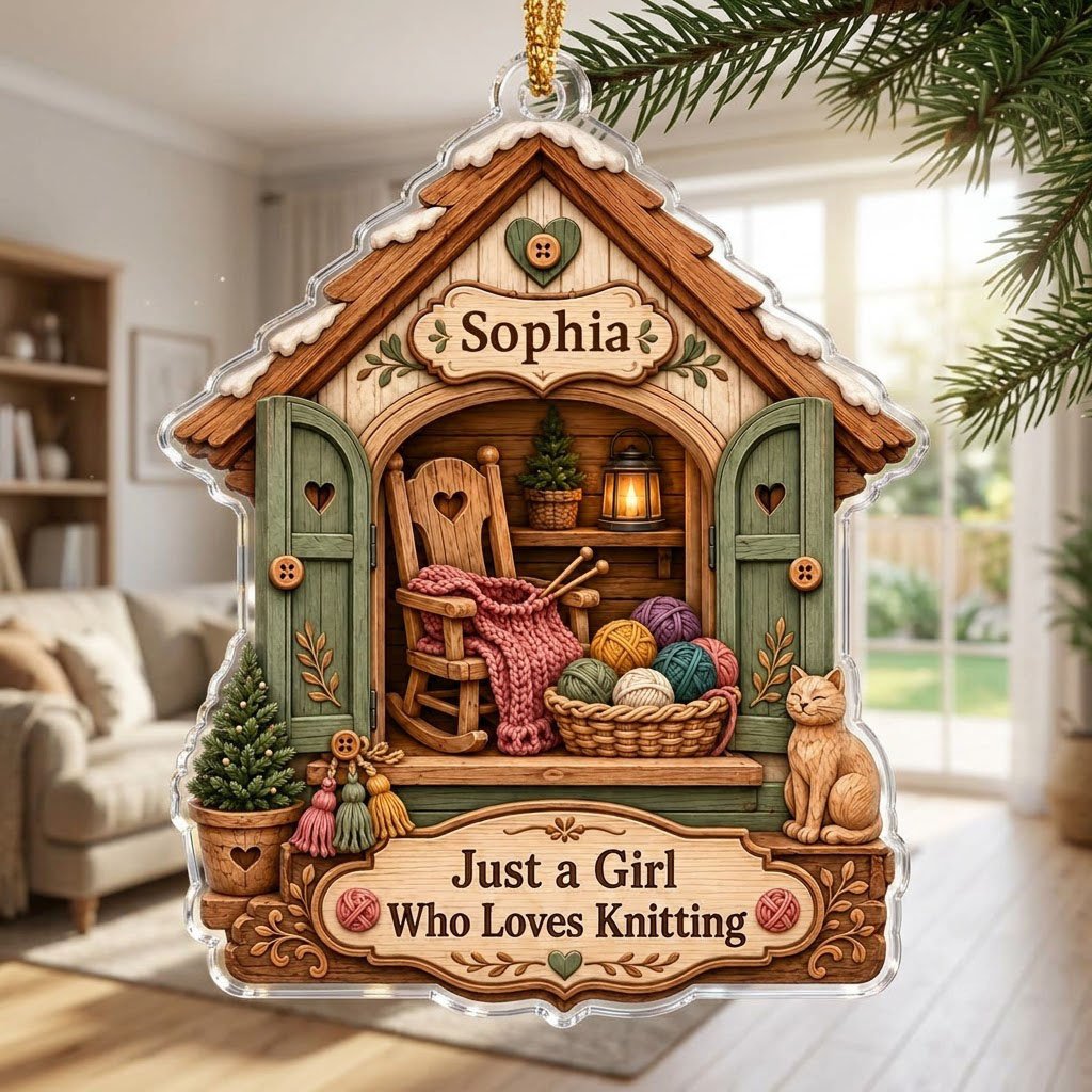 House-shaped acrylic ornament with cozy knitting shed scene and 'Just a Girl Who Loves Knitting' text.