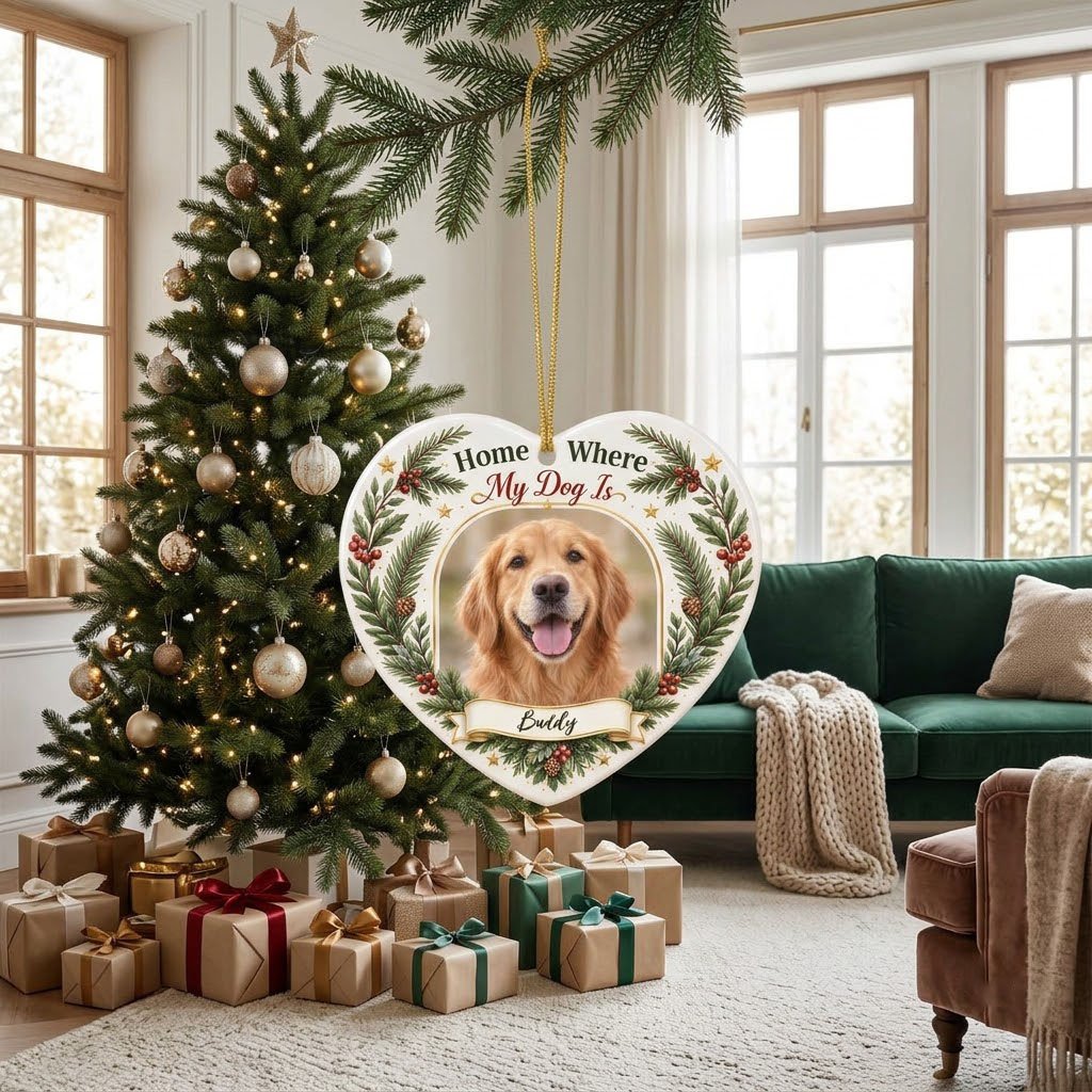 Heart ceramic ornament with gold arched dog photo frame, pine greenery, holly berries, and 'Home Where My Dog Is'.