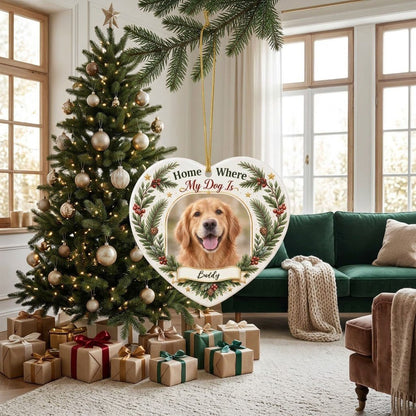 Heart ceramic ornament with gold arched dog photo frame, pine greenery, holly berries, and 'Home Where My Dog Is'.