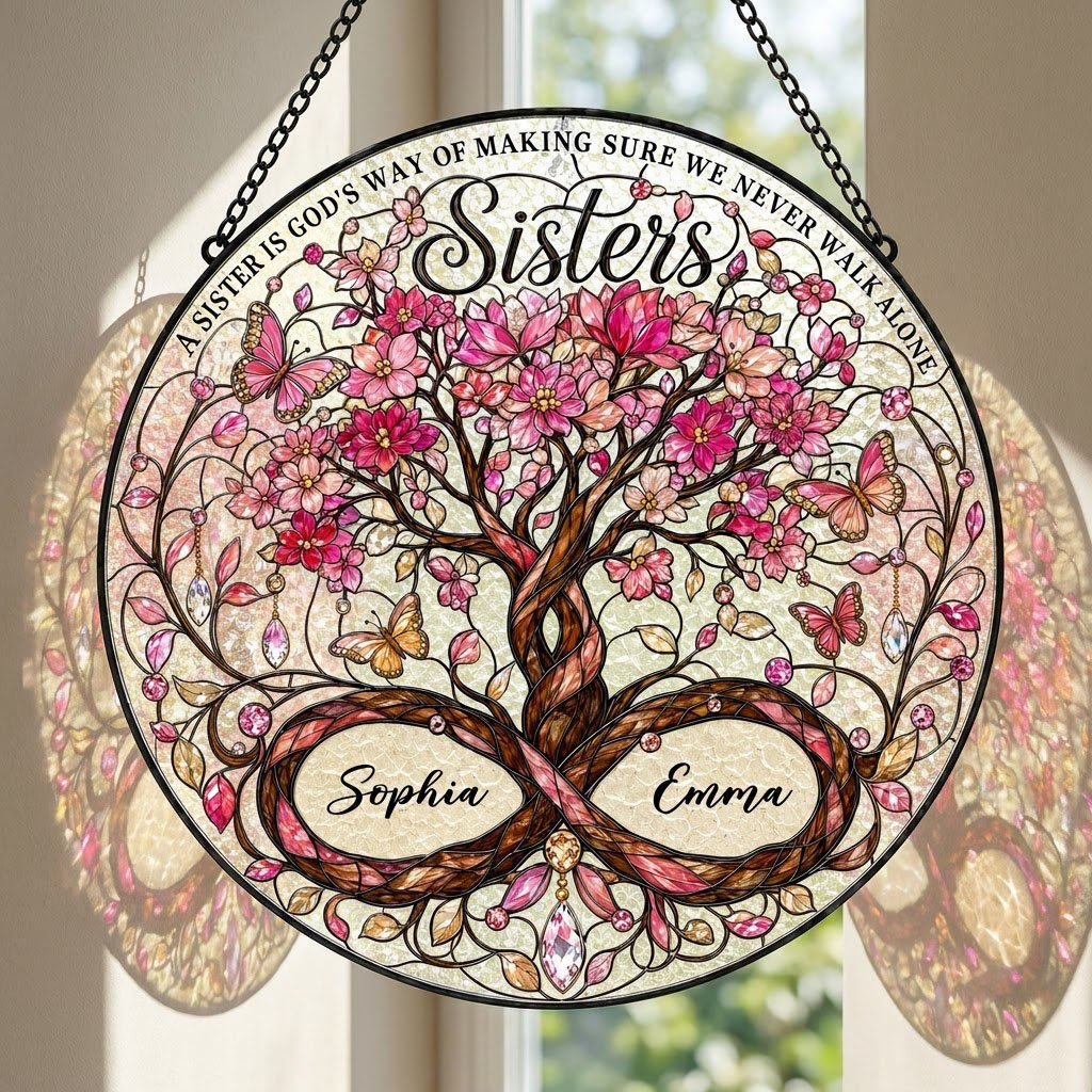 Round stained glass suncatcher with tree of life, pink blossoms, butterflies, and Sisters text with two names.