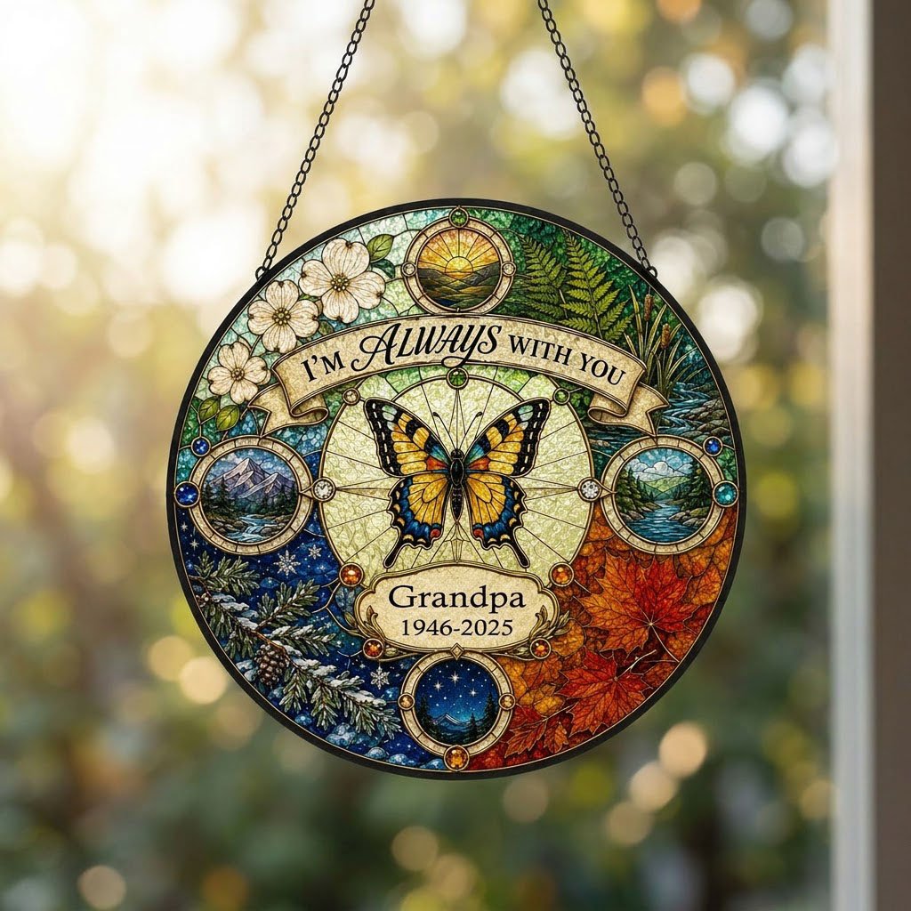 Personalized Butterfly Four Seasons Memorial I'm Always With You Stained Glass Round Suncatcher