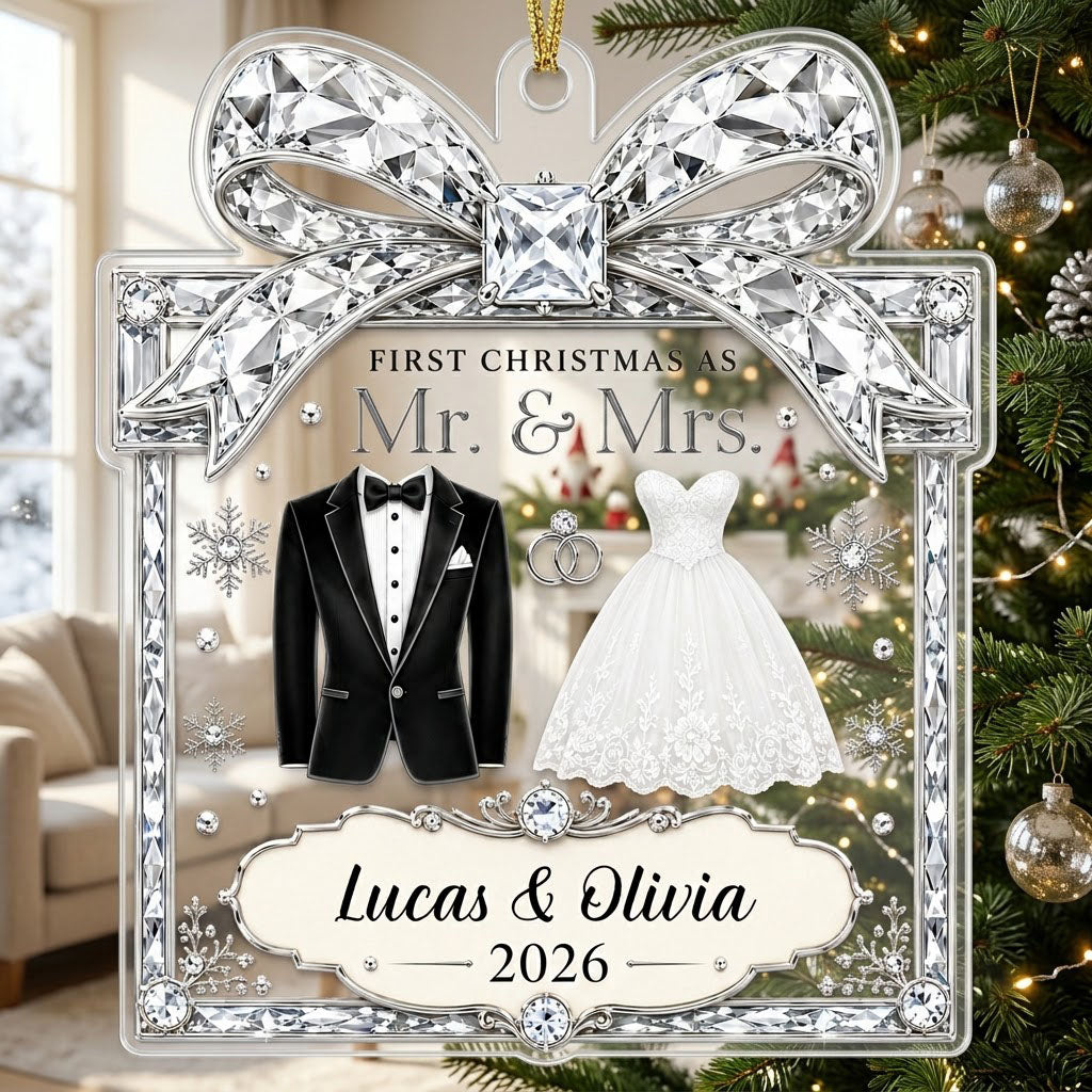 Clear acrylic gift-box ornament with jeweled bow, tuxedo jacket, wedding gown, silver rings and a silver banner.
