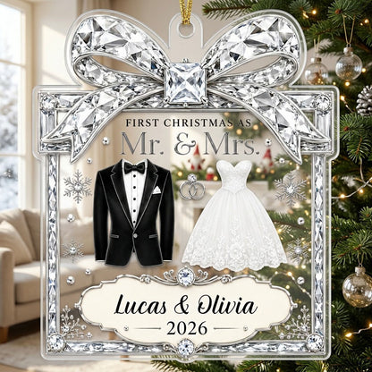 Clear acrylic gift-box ornament with jeweled bow, tuxedo jacket, wedding gown, silver rings and a silver banner.