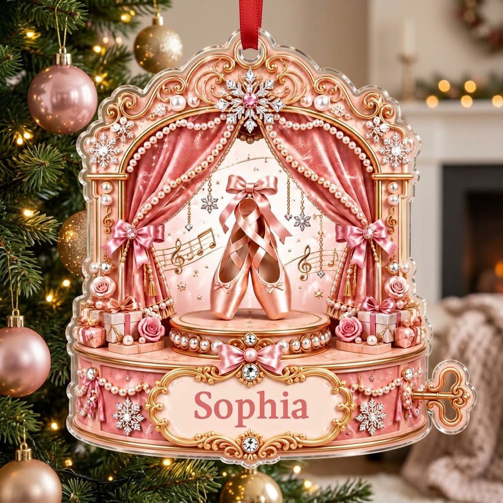 Pink ballet music box ornament with pointe shoes, velvet curtains, pearls, snowflakes, and a name plaque.