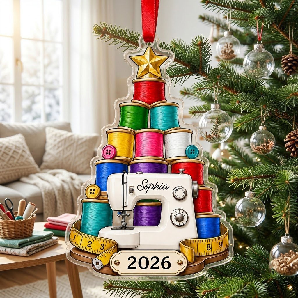 Personalized Sewing Tree Acrylic Ornament, Custom Seamstress Quilter Christmas Keepsake