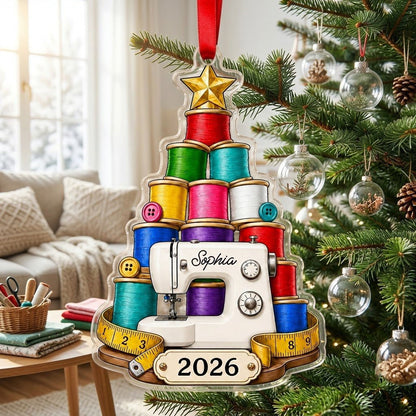 Personalized Sewing Tree Acrylic Ornament, Custom Seamstress Quilter Christmas Keepsake