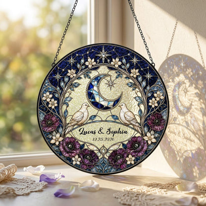 Personalized Celestial Doves & Crescent Moon Purple Floral Stained Glass Round Suncatcher