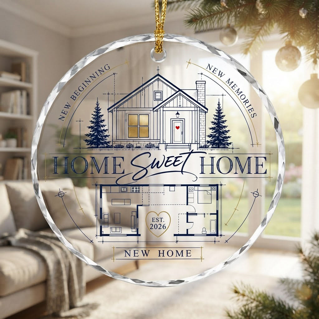 Personalized Home Sweet Home Blueprint Floor Plan Round Glass Ornament