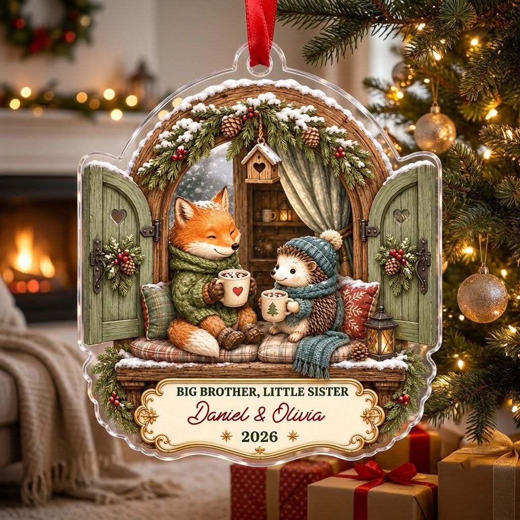 Arched window acrylic ornament with fox and hedgehog, garlands, birdhouse, and cream banner for names and year.