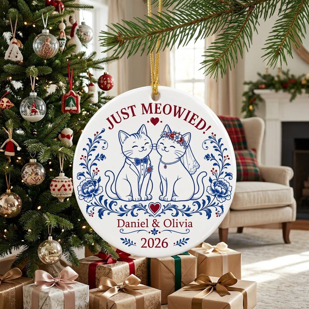 Round ceramic ornament with two wedding cats, 'JUST MEOWIED!', names and year with blue and red folk floral accents