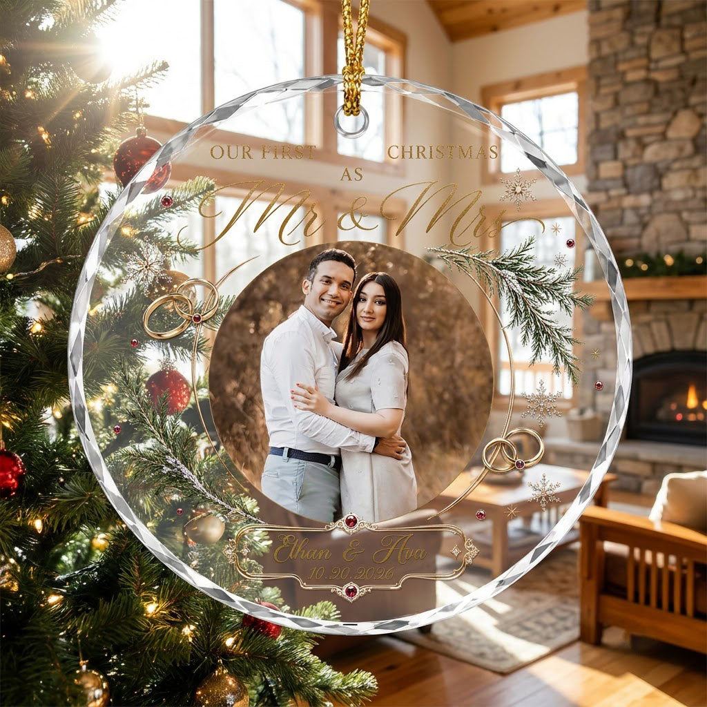 Round glass ornament with couple photo, gold wedding rings, snowflakes and 'OUR FIRST CHRISTMAS AS Mr & Mrs'.