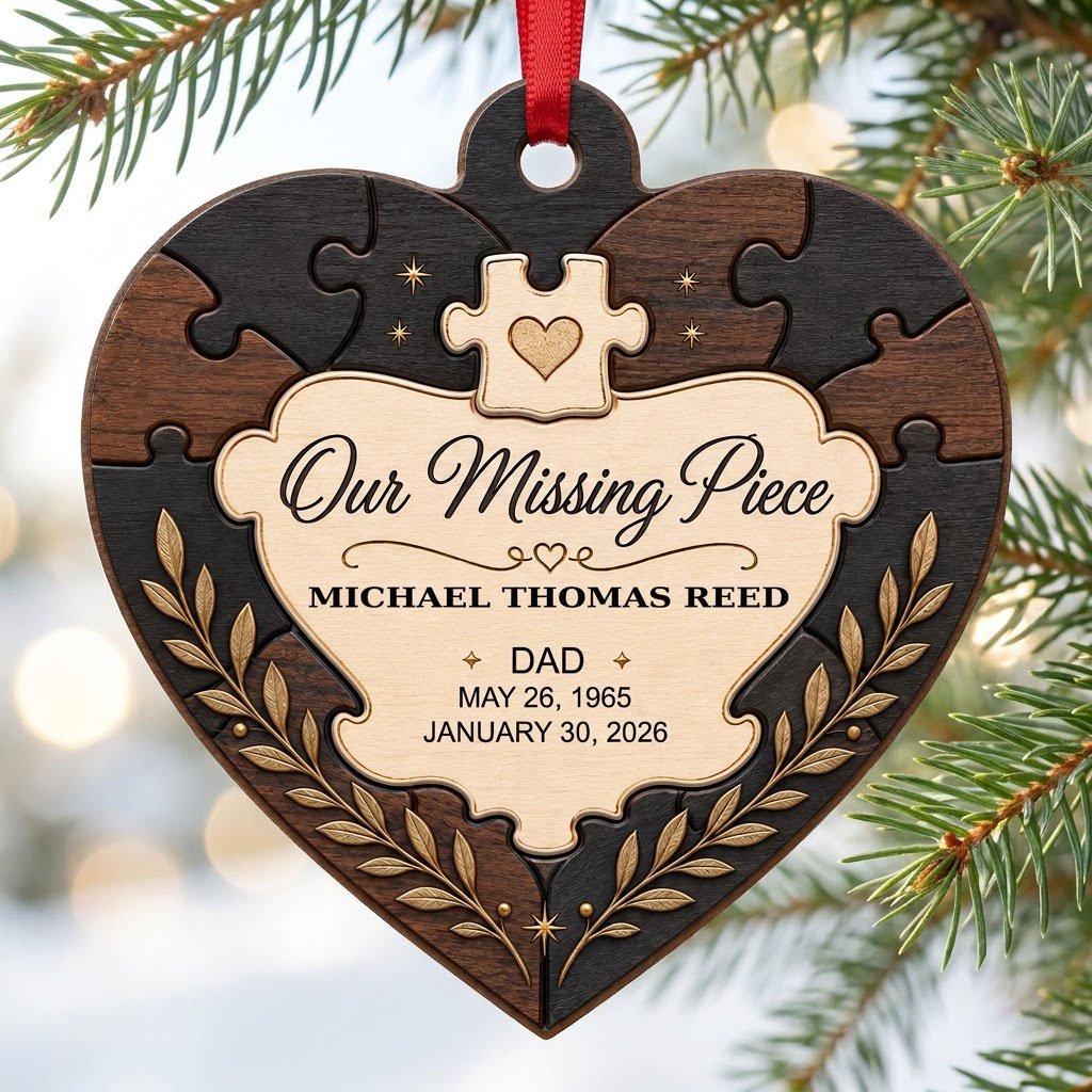 Heart wood ornament with puzzle-piece frame, Our Missing Piece title, laurel accents, personalized with name and dates.